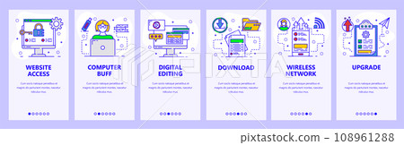 Mobile app onboarding screens. Computer services, secure access, download and upload files, wireless network. Menu vector banner template for website and mobile development. Web site flat illustration 108961288