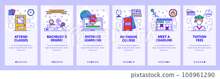 Mobile app onboarding screens. School and college education, distance online learning, intensive cources. Menu vector banner template for website and mobile development. Web site design illustration Mobile app onboarding screens. School and college education, distance online learning, intensive cources. Menu vector banner template for website and mobile development. Web site design illustration 108961290