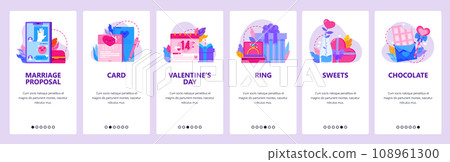 Marriage proposal online in messages. Valentine day gifts. Sweets, chocolate. Mobile app onboarding screens. Vector banner template for website and mobile development. Web site design illustration Marriage proposal online in messages. Valentine day gifts. Sweets, chocolate. Mobile app onboarding screens. Vector banner template for website and mobile development. Web site design illustration 108961300