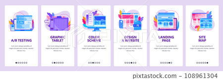 Web development, digital graphic tablet, wireframe, sitemap. Mobile app onboarding screens. Menu vector banner template for website and mobile development. Design illustration Web development, digital graphic tablet, wireframe, sitemap. Mobile app onboarding screens. Menu vector banner template for website and mobile development. Design illustration 108961304