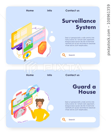 House protection and surveillance system. Home guard, dog, emergency call. Vector web site design template. Landing page website concept illustration. House protection and surveillance system. Home guard, dog, emergency call. Vector web site design template. Landing page website concept illustration. 108961359