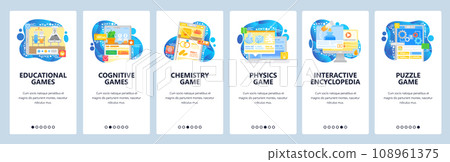 Science and smart mobile games. Chemistry experiment, physics test, puzzle game. App onboarding screens. Menu vector banner template for website and mobile development. Web site design illustration Science and smart mobile games. Chemistry experiment, physics test, puzzle game. App onboarding screens. Menu vector banner template for website and mobile development. Web site design illustration 108961375