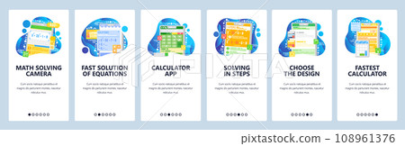 Math equation solving mobile phone app. Mathematics formula, calculator, equation solution. App screens. Menu vVector banner template for website mobile development. Web site design illustration Math equation solving mobile phone app. Mathematics formula, calculator, equation solution. App screens. Menu vVector banner template for website mobile development. Web site design illustration 108961376