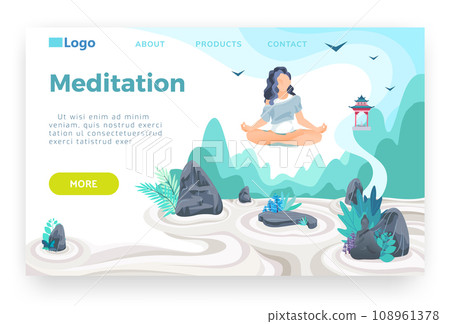 Girl meditating in lotus pose and hovering above japanese rock garden. Yoga, life balance, relaxation, mindfulness. Vector web site design template. Landing page website concept illustration. Girl meditating in lotus pose and hovering above japanese rock garden. Yoga, life balance, relaxation, mindfulness. Vector web site design template. Landing page website concept illustration. 108961378