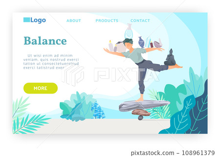 Man stays on a stack stones and balancing. Yoga, meditation and buddhism concept. Vector web site design template. Landing page website concept illustration. Man stays on a stack stones and balancing. Yoga, meditation and buddhism concept. Vector web site design template. Landing page website concept illustration. 108961379