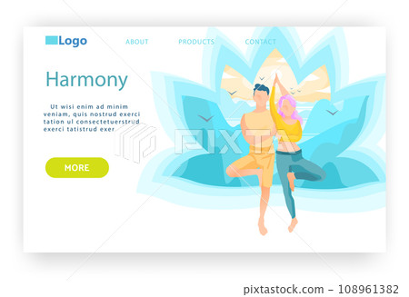 Man and woman in tree yoga pose. Harmony, meditation and mind enlightenment concept. Wellness and healthy lifestyle. Vector web site design template. Landing page website illustration. Man and woman in tree yoga pose. Harmony, meditation and mind enlightenment concept. Wellness and healthy lifestyle. Vector web site design template. Landing page website illustration. 108961382