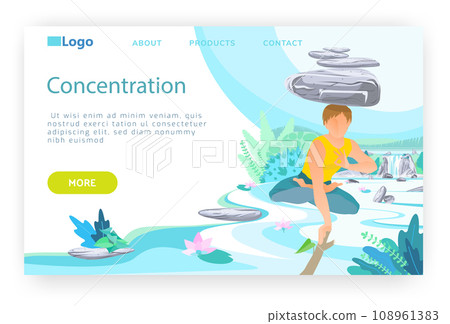 Meditation and concentration concept. Man balance with stones on his head. Nature landcape. Vector web site design template. Landing page website illustration. 108961383