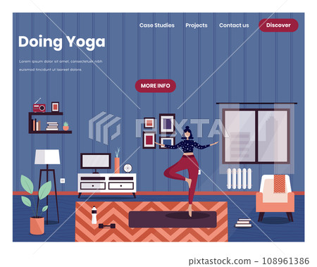 Vrksasana tree yoga pose. Woman doing yoga at home. Healthy lifestyle. Vector web site design template. Landing page website concept illustration. Vrksasana tree yoga pose. Woman doing yoga at home. Healthy lifestyle. Vector web site design template. Landing page website concept illustration. 108961386