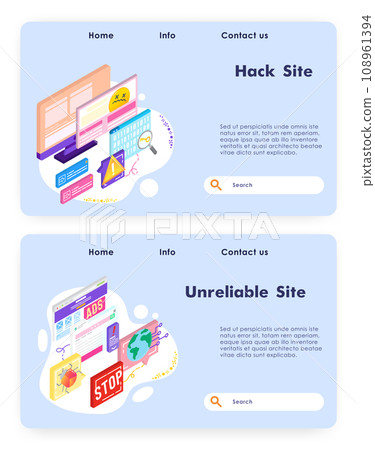 Website hacking attack. Cyber security technology. Unreliable site, computer bug. Vector web site design template. Landing page website concept isometric illustration. Website hacking attack. Cyber security technology. Unreliable site, computer bug. Vector web site design template. Landing page website concept isometric illustration. 108961394