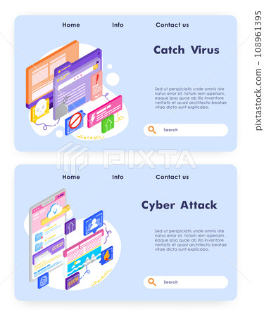 Virus attack and cyber security. Fraud and ransom malware. Cloud storage attack and hack. Computer technology. Vector web site design template. Landing page website concept isometric illustration. 108961395