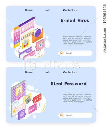 Virus attack and malware email. Cyber security, phishing and password stealing. Secure account access. Computer technology Vector web site design template. Landing page website isometric illustration. Virus attack and malware email. Cyber security, phishing and password stealing. Secure account access. Computer technology Vector web site design template. Landing page website isometric illustration. 108961396