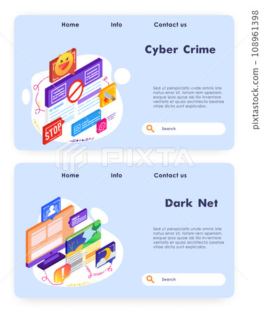 Computer security and cyber crime. Virus attack alert. Darknet technology. Vector web site design template. Landing page website concept isometric illustration. Computer security and cyber crime. Virus attack alert. Darknet technology. Vector web site design template. Landing page website concept isometric illustration. 108961398
