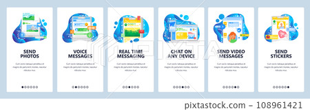 Social media messenger mobile phone app. Send voice and text message. Video call and online chat, sticker. Vector screen template for website and mobile development. Web site design illustration Social media messenger mobile phone app. Send voice and text message. Video call and online chat, sticker. Vector screen template for website and mobile development. Web site design illustration 108961421