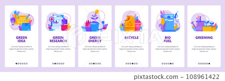 Green energy and environmental industry. Recycle waste, bio fuel, greem plants. Mobile app onboarding screens. Vector banner template for website and mobile development. Web site design illustration 108961422