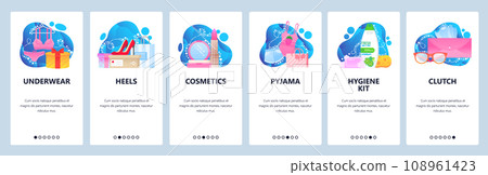 Woman stuff and accessories. Fashion, beauty, female underware, heels, cosmetic, clutch. Mobile app screens. Vector banner template for website and mobile development. Web site design illustration 108961423