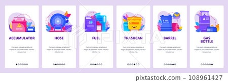 Oil and power energy industry icons. Gas bottle, fuel, accumulator, oil barrel. Mobile app onboarding screens. Vector banner template for website and mobile development. Web site design illustration 108961427