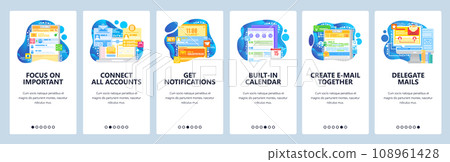 Shared team mailbox and accounts. Task management, business calendar, notifications. Mobile app onboarding screens. Vector banner template for website mobile development. Web site design illustration 108961428