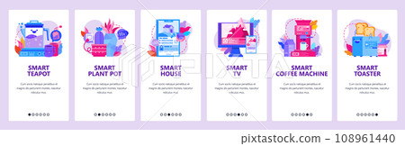 Smart home appliances and devices. House remote control by mobile phone. Smart coffee machine. Mobile app onboarding screens. Vector banner template for website development. Web design illustration Smart home appliances and devices. House remote control by mobile phone. Smart coffee machine. Mobile app onboarding screens. Vector banner template for website development. Web design illustration 108961440