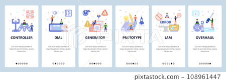 Mobile app onboarding screens. Computer error, hardware repair, prototype, VR concole, gaming controller. Vector banner template for website and mobile development. Web site design flat illustration Mobile app onboarding screens. Computer error, hardware repair, prototype, VR concole, gaming controller. Vector banner template for website and mobile development. Web site design flat illustration 108961447