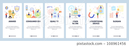Mobile app onboarding screens. People shop gorcery, award, winner trophy, gimmick, magnet, idea. Menu vector banner template for website and mobile development. Web site design flat illustration Mobile app onboarding screens. People shop gorcery, award, winner trophy, gimmick, magnet, idea. Menu vector banner template for website and mobile development. Web site design flat illustration 108961456