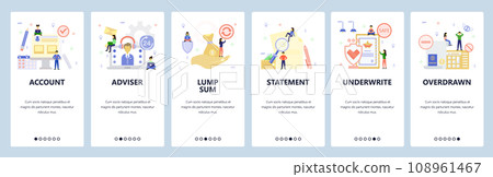 Mobile app onboarding screens. Money investment business and banking, underwrite, statement, bank account, financial adviser. Vector banner for website and mobile development. Web siteillustration Mobile app onboarding screens. Money investment business and banking, underwrite, statement, bank account, financial adviser. Vector banner for website and mobile development. Web siteillustration 108961467