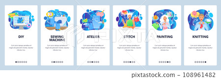 Mobile app onboarding screens. Sewing machine, painting, artist palette, knitting, atelier. Menu vector banner template for website and mobile development. Web site design flat illustration 108961482
