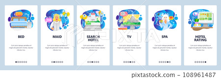 Mobile app onboarding screens. Hotel service, bed, room, maid, search hotel and booking, spa, rating. Menu vector banner template for website and mobile development. Web site design flat illustration 108961487