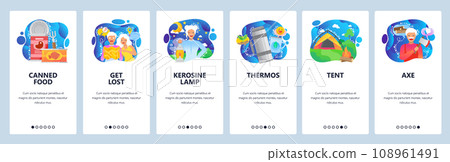 Mobile app onboarding screens. Lost tourists look at the map, camping tent, outdoor travel, thermos, canned food. Vector banner template for website and mobile development. Web site flat illustration Mobile app onboarding screens. Lost tourists look at the map, camping tent, outdoor travel, thermos, canned food. Vector banner template for website and mobile development. Web site flat illustration 108961491