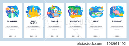 Mobile app onboarding screens. Travel and holiday on tropical beach, sand castle, diving, hammock, jetski. Menu vector banner template for website and mobile development. Web site design illustration Mobile app onboarding screens. Travel and holiday on tropical beach, sand castle, diving, hammock, jetski. Menu vector banner template for website and mobile development. Web site design illustration 108961492