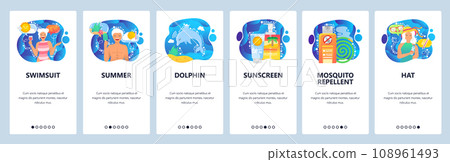 Mobile app onboarding screens. Summer vacation on tropical beach, holiday, sunblock, swimsuit, dolphin. Menu vector banner template for website and mobile development. Web site design illustration Mobile app onboarding screens. Summer vacation on tropical beach, holiday, sunblock, swimsuit, dolphin. Menu vector banner template for website and mobile development. Web site design illustration 108961493