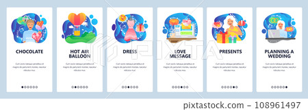 Mobile app onboarding screens. Love and couple romantic relationships, heart balloon, gifts, wedding. Menu vector banner template for website and mobile development. Web site design flat illustration 108961497