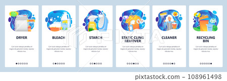 Mobile app onboarding screens. House cleaning service, dryer, bleach, housemaid, recycling waste bin. Menu vector banner template for website and mobile development. Web site design flat illustration Mobile app onboarding screens. House cleaning service, dryer, bleach, housemaid, recycling waste bin. Menu vector banner template for website and mobile development. Web site design flat illustration 108961498