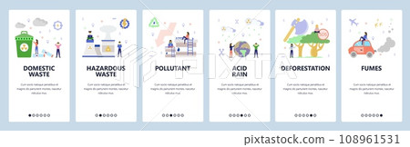 Mobile app onboarding screens. Waste recycle, hazardous waste, air pollution, power plant, gas emission. Vector banner template for website and mobile development. Web site design flat illustration Mobile app onboarding screens. Waste recycle, hazardous waste, air pollution, power plant, gas emission. Vector banner template for website and mobile development. Web site design flat illustration 108961531