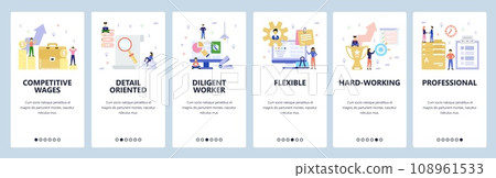 Mobile app onboarding screens. Business and office workspace, team work, achievements, contract. Menu vector banner template for website and mobile development. Web site design flat illustration Mobile app onboarding screens. Business and office workspace, team work, achievements, contract. Menu vector banner template for website and mobile development. Web site design flat illustration 108961533