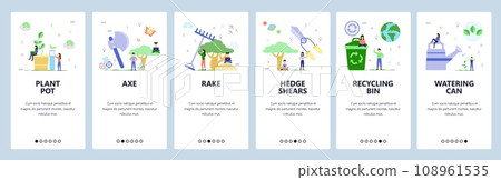 Mobile app onboarding screens. Gardening, cut tree, hedge shears, watering plants, recycling bin. Menu vector banner template for website and mobile development. Web site design flat illustration Mobile app onboarding screens. Gardening, cut tree, hedge shears, watering plants, recycling bin. Menu vector banner template for website and mobile development. Web site design flat illustration 108961535