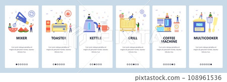 Mobile app onboarding screens. Home kitchen appliances, kettle, toaster, grill, coffee machine, cooker. Vector banner template for website and mobile development. Web site design flat illustration Mobile app onboarding screens. Home kitchen appliances, kettle, toaster, grill, coffee machine, cooker. Vector banner template for website and mobile development. Web site design flat illustration 108961536