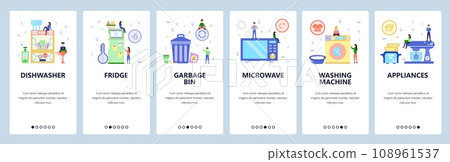 Mobile app onboarding screens. Home appliances, microwave, fridge, dishwasher, grbage bin, washing machine. Vector banner template for website and mobile development. Web site design flat illustration Mobile app onboarding screens. Home appliances, microwave, fridge, dishwasher, grbage bin, washing machine. Vector banner template for website and mobile development. Web site design flat illustration 108961537