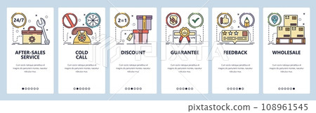 Mobile app onboarding screens. Warehouse with packages, guarantee certificate, feedback review. Menu vector banner template for website and mobile development. Web site design flat illustration 108961545