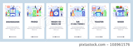 Mobile app onboarding screens. Home interior, kitchen appliances and electronics. Dishwasher, fridge. Menu vector banner template for website and mobile development. Web site design flat illustration Mobile app onboarding screens. Home interior, kitchen appliances and electronics. Dishwasher, fridge. Menu vector banner template for website and mobile development. Web site design flat illustration 108961576