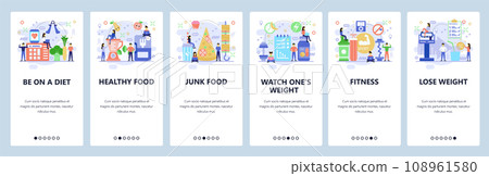 Mobile app onboarding screens. Fitness and healthy lifestyle, lose weight and diet. Menu vector banner template for website and mobile development. Web site design flat illustration 108961580