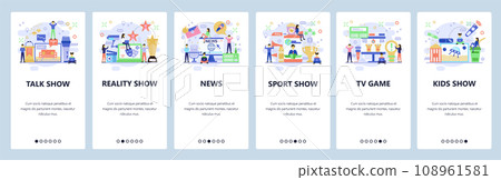 Mobile app onboarding screens. Television industry, tv show, sport news. Menu vector banner template for website and mobile development. Web site design flat illustration 108961581
