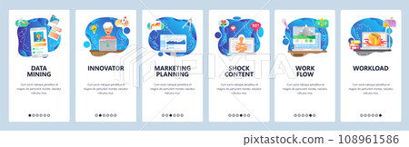 Mobile app onboarding screens. Phone data mining, freelancer work from home, adult content, marketing plan.Vector banner template for website and mobile development. Web site design flat illustration Mobile app onboarding screens. Phone data mining, freelancer work from home, adult content, marketing plan.Vector banner template for website and mobile development. Web site design flat illustration 108961586