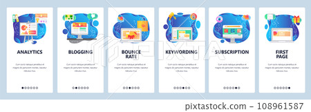 Mobile app onboarding screens. Business and financial analytics, charts, media content, landing page. Menu vector banner template for website and mobile development. Web site design flat illustration 108961587