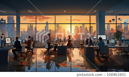 A bustling office scene with employers cartoon illustration - Generative AI. 108961601