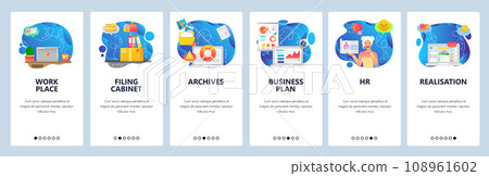 Mobile app onboarding screens. Business charts and presentation, office computer, work place, business plan. Vector banner template for website and mobile development. Web site design illustration 108961602