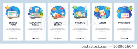 Mobile app onboarding screens. School education, time to sleep, class schedule, learning student, order food online. Vector banner template for website and mobile development. Web site illustration Mobile app onboarding screens. School education, time to sleep, class schedule, learning student, order food online. Vector banner template for website and mobile development. Web site illustration 108961604