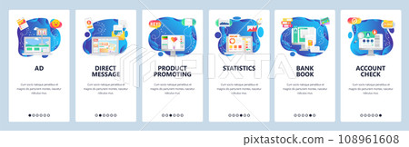 Mobile app onboarding screens. Marketing and advertisement, product promotion, direct messaging, financial report. Vector banner template for website and mobile development. Web site illustration Mobile app onboarding screens. Marketing and advertisement, product promotion, direct messaging, financial report. Vector banner template for website and mobile development. Web site illustration 108961608