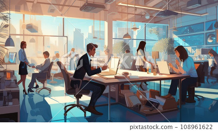 A bustling office scene with employers cartoon illustration - Generative AI. 108961622