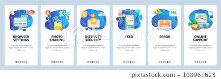 Mobile app onboarding screens. Support video chat, internet security, news feed, photo sharing. Menu vector banner template for website and mobile development. Web site design flat illustration 108961623