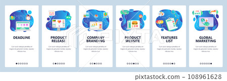 Mobile app onboarding screens. World financial news, project deadline, finance growth, product release. Vector banner template for website and mobile development. Web site design flat illustration 108961628